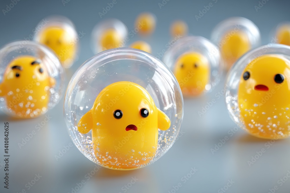 Poster collection of quirky yellow creatures encapsulated in transparent spheres, displaying a variety of e