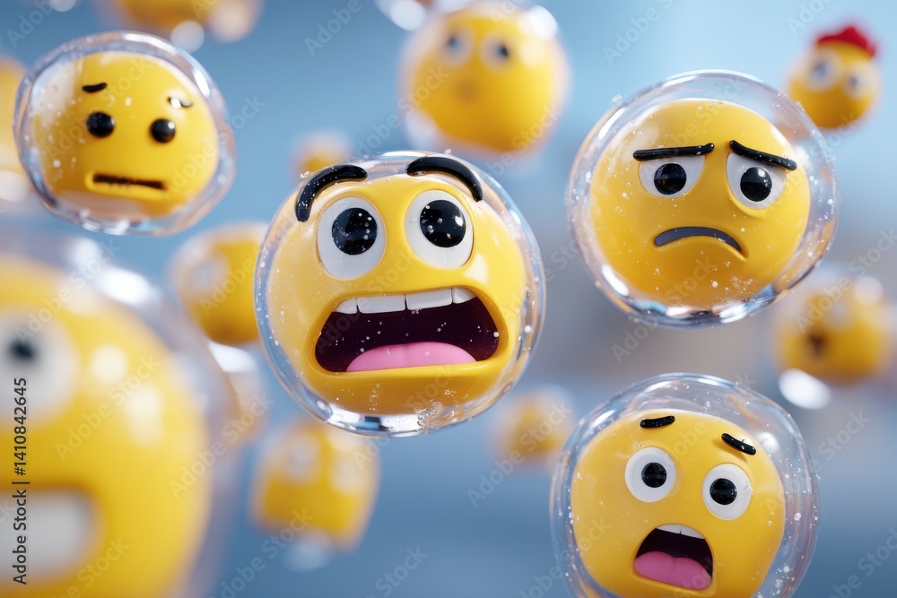 Poster a group of yellow emoji characters with various expressions, encapsulated in clear bubbles, creating