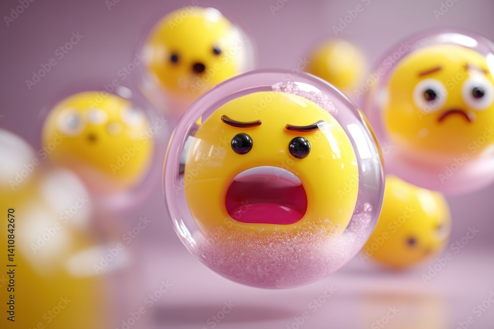 Poster 3d rendering of various emoticon bubbles expressing different emotions on a lilac background, convey
