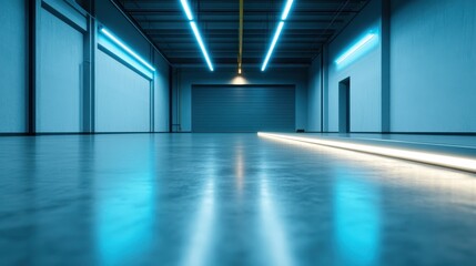 Obraz premium A sleek, modern warehouse interior illuminated by striking blue neon lights, showcasing a minimalist design with polished concrete and an industrial aesthetic.