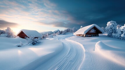 A serene winter landscape showcases charming wooden cabins enveloped in pristine snow, highlighted by a stunning sunset in the backdrop. A tranquil scene of nature's beauty.
