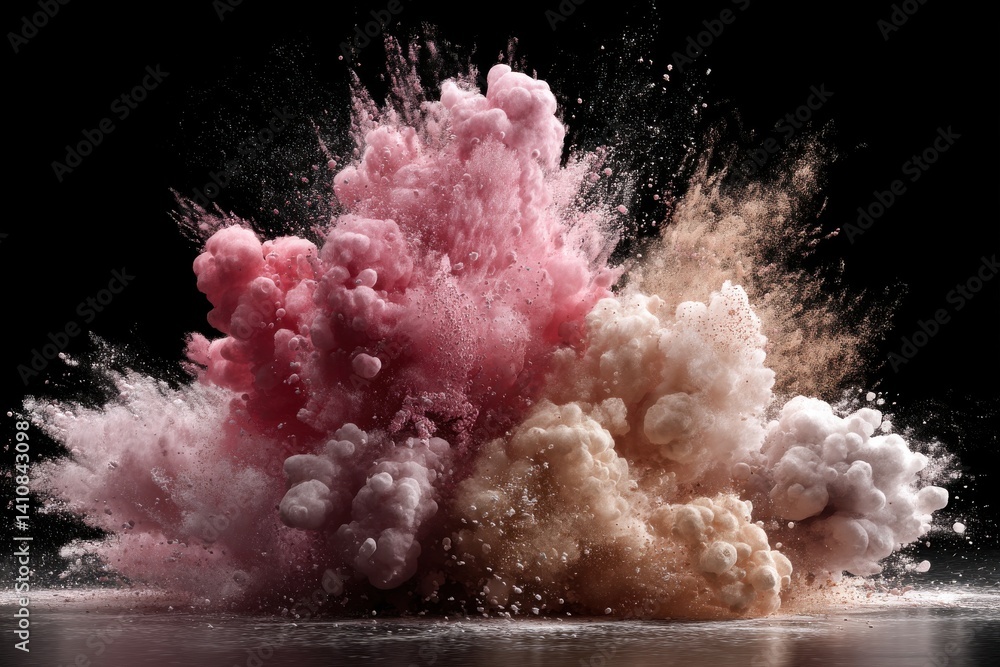 Poster an explosion of colorful powder in pink and beige hues against a black background creating a dynamic