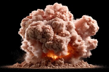 A dramatic and intense explosion with billowing pink smoke and glowing embers, set against a stark black backdrop creating a powerful visual impact and a sense of danger.