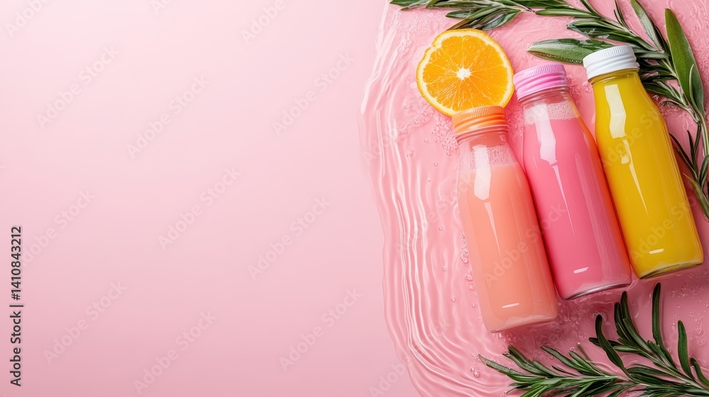 Poster three bottles of vibrant fruit juices are arranged artistically with citrus slices, creating a refre