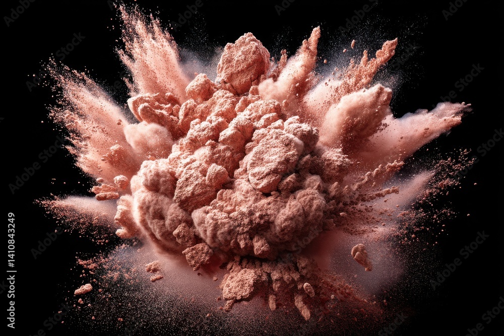 Poster an explosive burst of pink powder against a stark black backdrop, creating a dynamic and mesmerizing
