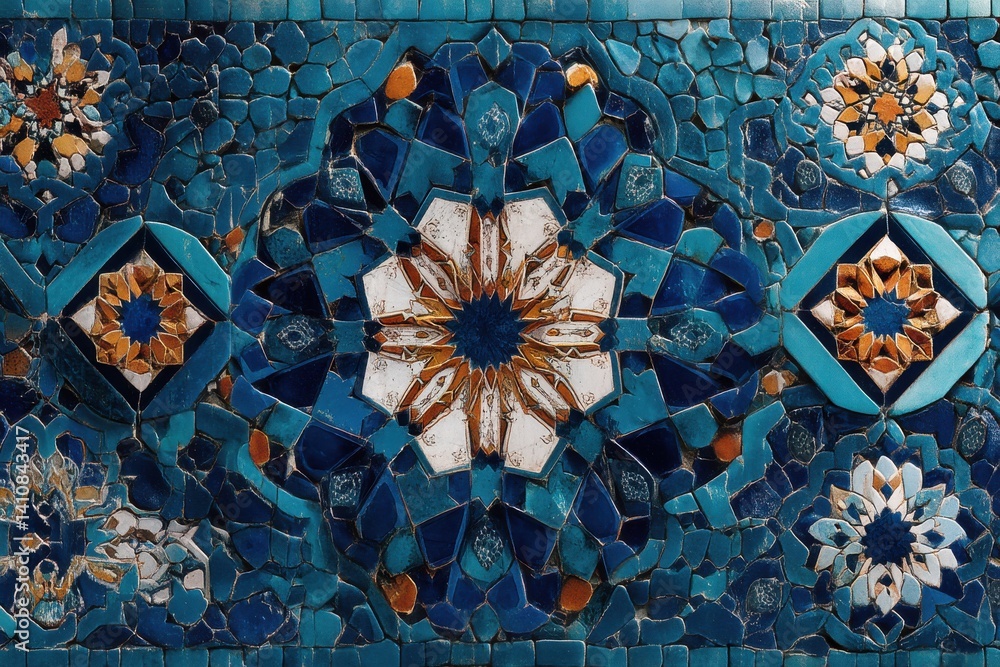 Poster intricate mosaic tile pattern with geometric shapes in shades of blue, orange and white creating an 