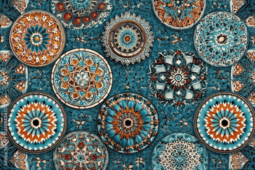 Aufkleber a meticulously designed mosaic background, featuring vibrant turquoise and orange hues, with intrica