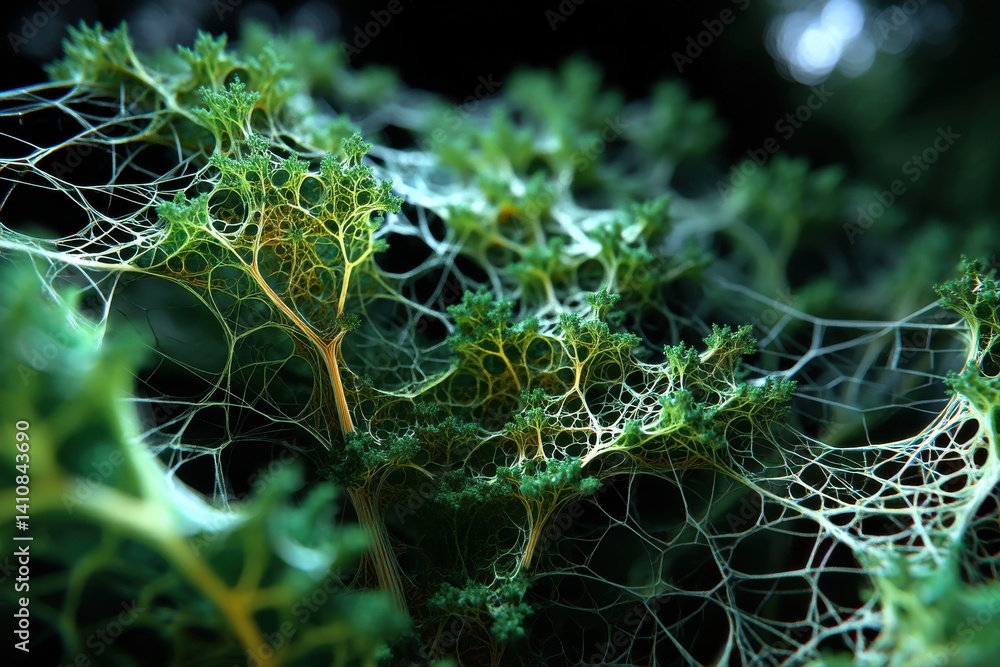 Poster an intriguing close-up of intricate network structures resembling a delicate ecosystem, featuring th