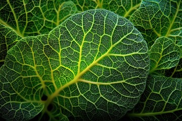 An intricate close-up of vibrant green leaves, showcasing detailed vein patterns and cellular structures, bathed in soft, natural light and emphasizing natural beauty.