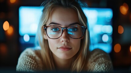 A close-up of a young woman with glasses, focused and illuminated by the glow of computer screens in a cozy environment, showcasing concentration and engagement.