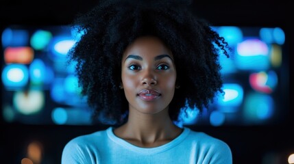 A confident woman with natural curls stands before a backdrop of screens glowing with vibrant colors, representing empowerment, diversity, and connection to technology.