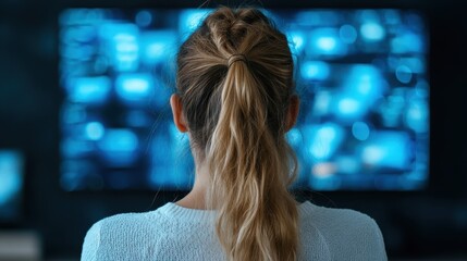 A long-haired woman is seen from behind, deeply focused on bright screens, embodying concentration and the influence of technology on personal and professional life.