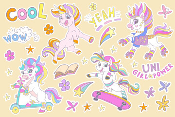Collection of cartoon funny unicorns and magic elements isolated on a background. Vector illustration. For sticker pack, print, posters, design, decoration, linen, dishes, t-shirt and kids apparel