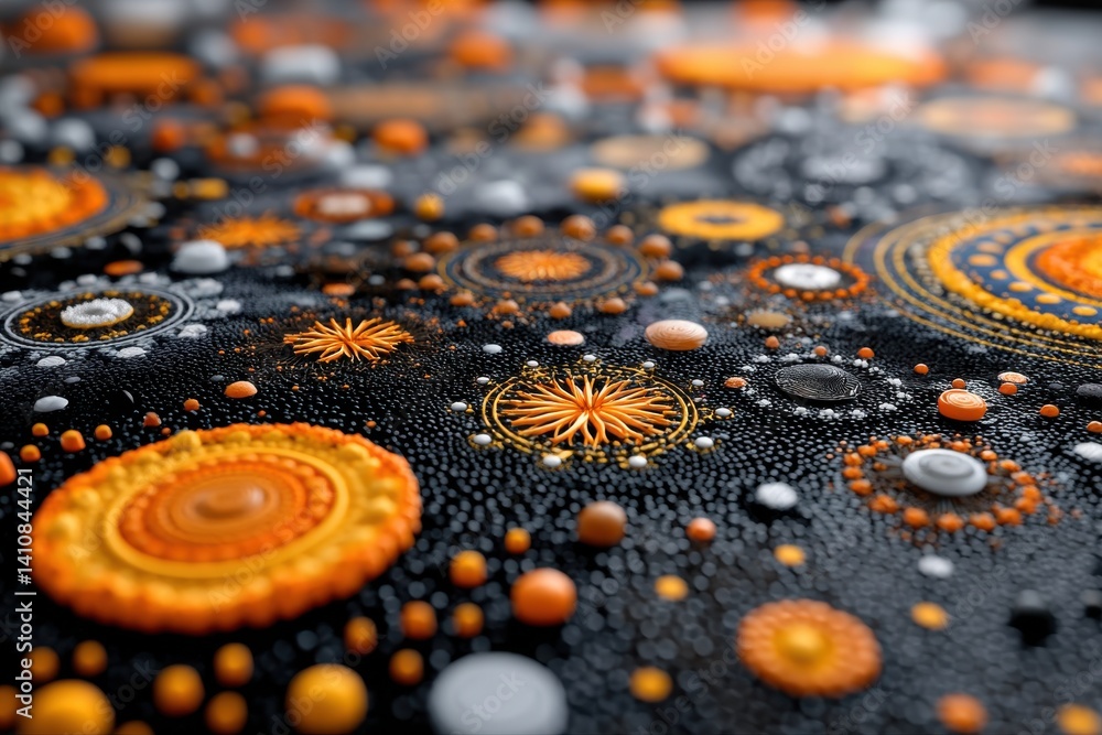 Poster an abstract and intricate design featuring orange, yellow, and white circles on a black textured sur