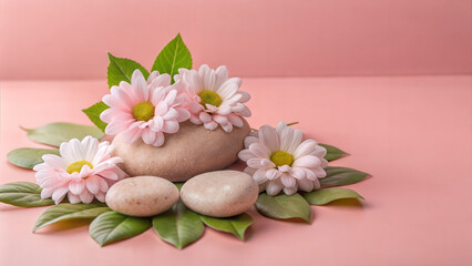 Serene Spa Still Life With Pink Daisies Zen Stones And Green Leaves
