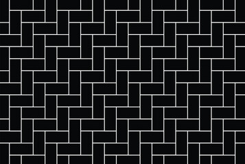 Minimalist black and white basketweave pattern with symmetrical rectangular tiles, clean grid lines. Abstract, formal design for flooring, wallpaper, or fabric. Replicable 2D vector illustration.