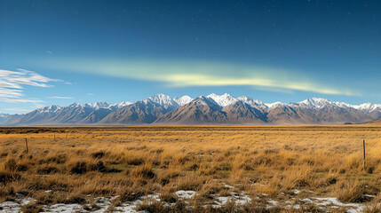 Snowy Mountain Range Over Golden Meadow Landscape