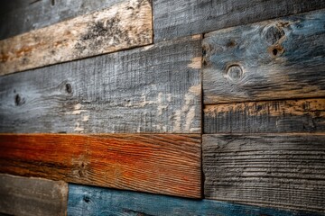 Rustic reclaimed wood wall paneling with various shades of gray, blue, and orange, showcasing natural grain patterns and knot details for a vintage effect.