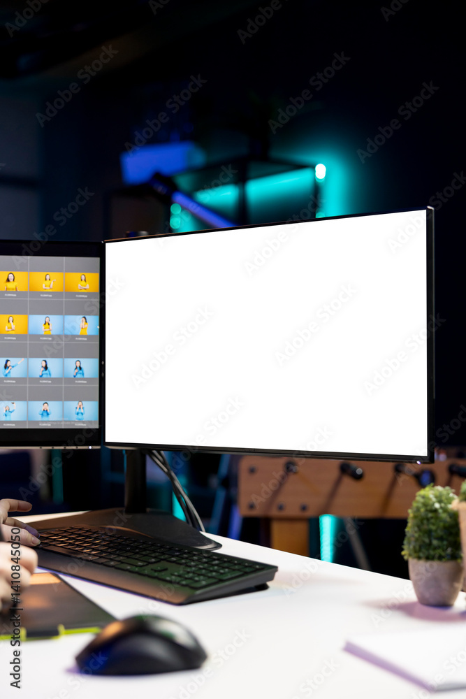 Poster photographer using advanced photo editing software on isolated screen monitor to make improvement to