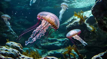 Fototapeta premium A jellyfish is swimming in the ocean. Generated using AI.