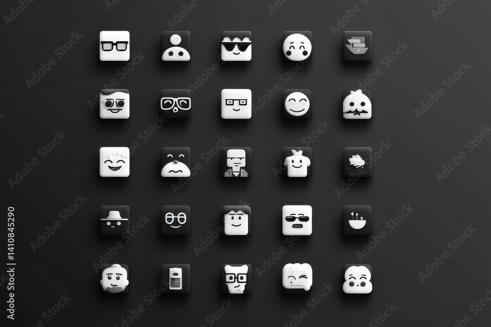 Poster a set of minimalist black and white icon designs, featuring various characters and objects, neatly a