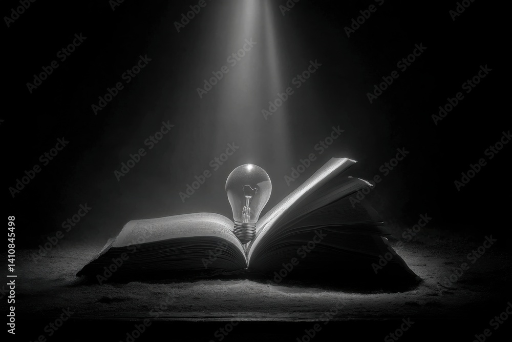 Poster conceptual image featuring an open book and a light bulb signifying knowledge, innovation, and the b