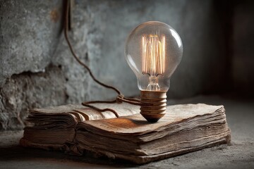 Antique light bulb glowing softly atop a vintage book, conveying a sense of nostalgic wisdom, creative inspiration, and illuminated knowledge, set against a textured backdrop.