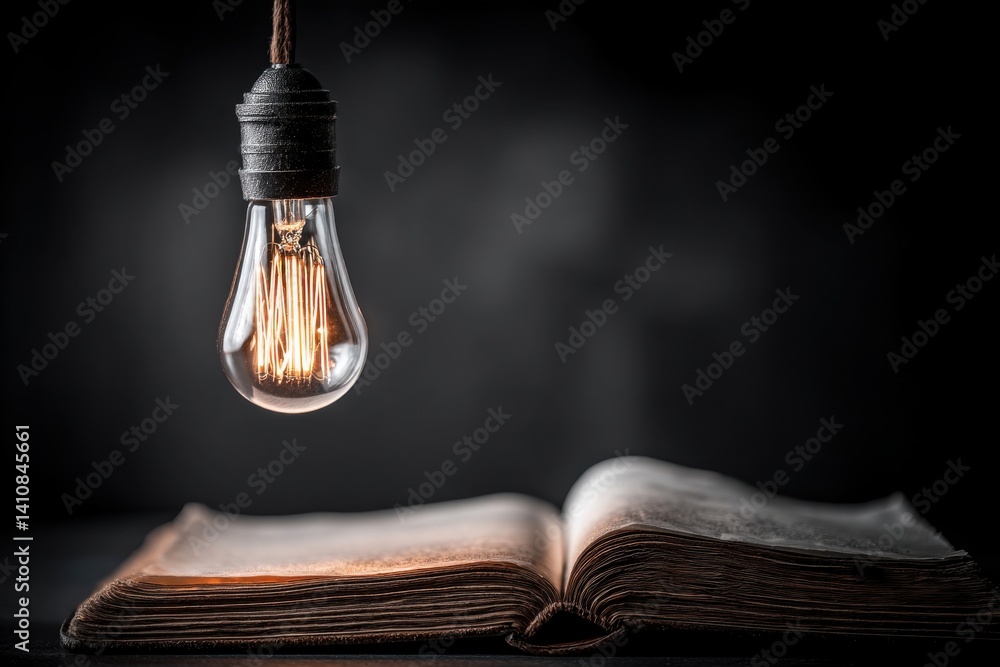 Poster an antique open book illuminated by a vintage edison bulb in a dark setting, evoking a sense of nost