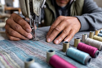 Obraz premium A talented tailor meticulously operates a vintage sewing machine, surrounded by colorful spools of thread, showcasing craftsmanship and dedication to textile artistry.