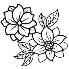 A black and white floral vector illustration in a hand-drawn style. The design should feature two large, natural-looking flowers with five rounded petals each, slightly overlapping.