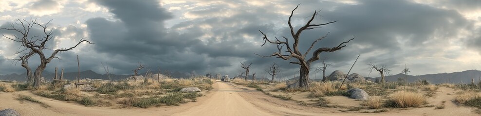 A dirt road through a desert flanked by dead trees under cloudy skies. Ideal for post-apocalyptic media, environmental documentaries, or surreal art. Symbolizes desolation