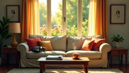 Fototapeta premium Beige couch in living room