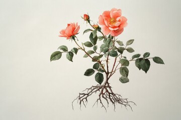 Detailed botanical illustration of a peach-colored rose bush with roots.