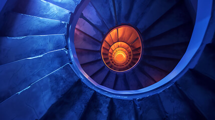 Fototapeta premium Abstract view looking down a winding spiral staircase illuminated with contrasting blue and warm orange light. Architectural detail and design concept. 