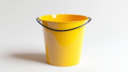 A futuristic yellow bucket with a sleek black metallic handle and holographic accents, isolated on a pristine white background in 3D rendering.