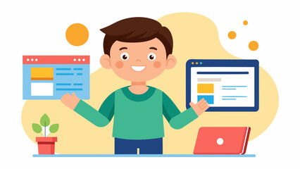 Fototapeta premium A child proudly shows off their newly designed website to their parents using their newly acquired skills in HTML and CSS.. Vector illustration