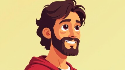 Cartoon portrait of smiling bearded man with dark hair on yellow background.