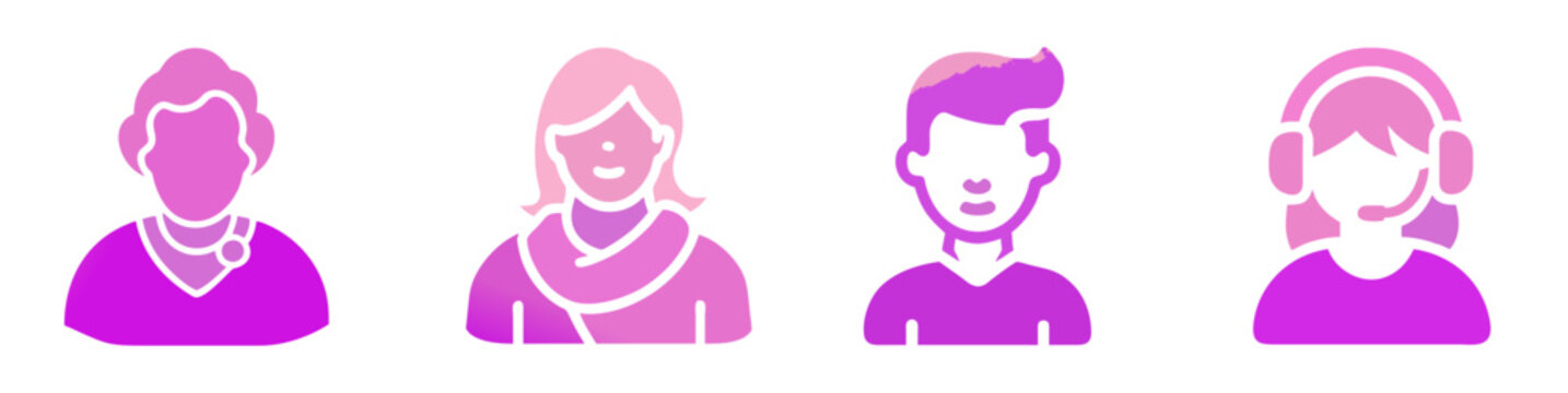 Silhouette of woman with headphones,  woman in skarf , man with modern hair cut and elderly woman avatar set with diagonal gradient in pink and purple tones for modern design and profile pictures
