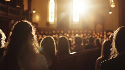 A large congregation gathers in a church for a service.