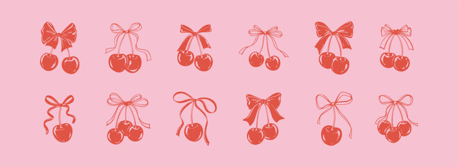 Set of hand drawn doodle cherry with cute bow ribbon. Coquette love pink and red graphic print. Handwritting vintage girly vector illustration. Aesthetic Valentines day retro design elements