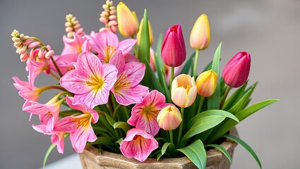 Obraz premium Pink and Gold Aquilegia and Tulips in Hexagon Planter, Spring Floral Arrangement, Copy Space