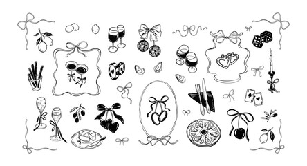 Bachelorette dinner party cute line doodle design elements set. Cherry bow ribbon, whimsical wavy frame. Hand drawn illustration in sketch girly coquette style. Wine, cocktail, champagne glasses © Kseniia
