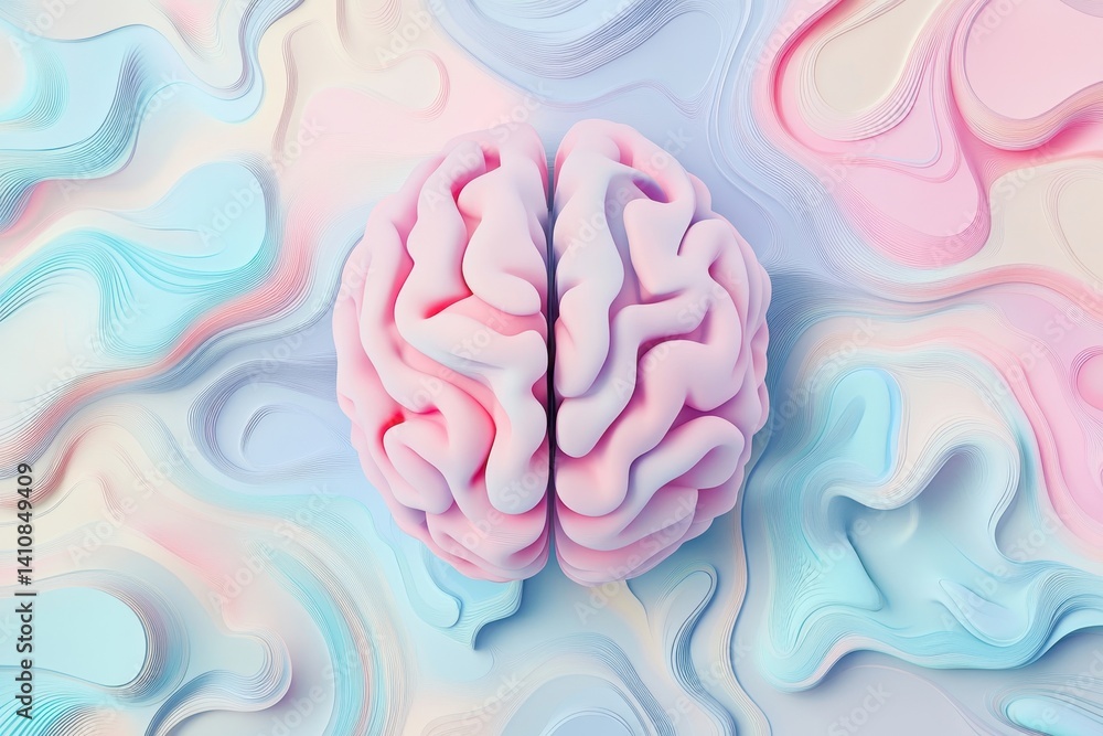 Poster intricate pink brain model displayed against a colorful abstract background