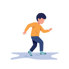 Fototapeta premium Young boy wearing orange sweater carefully walking on icy puddle in minimal flat design vector illustration