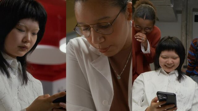 Split screen of diverse group of students watching funny video on phone, Asian girl typing on smartphone in lounge area, Black medical student practicing CPR pushing manikin chest in training class