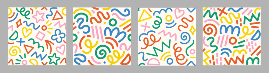 Collection of retro 80s, 90s colorful vector seamless patterns. Doodle fun kid backgrounds. Childish cool geometric design useful for fabric, textile, cover, banner, label, print, wrapping, wallpaper	