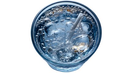 Top View of Sparkling Water with Ice and Straw in Glass