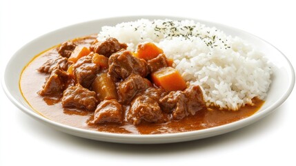 A plate of delicious beef curry, isolated on a white background, highlighting its vibrant color and savory appeal