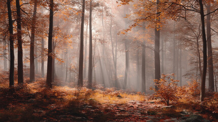 Obraz premium A serene autumn forest awakens at dawn, featuring soft light rays breaking through the canopy and illuminating golden-orange leaves scattered across the ground amidst gentle fog.