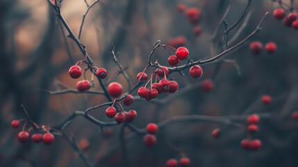Clusters of vibrant red berries dangle from thin, bare branches in a quiet woodland at twilight. The muted background enhances their striking color, a beautiful contrast against the fading light.